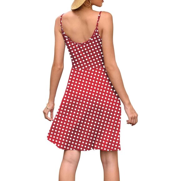 Women's White Dot Red V Neck Spaghetti Strap Flowy Mini Dress with Pockets - Picture 4 of 5